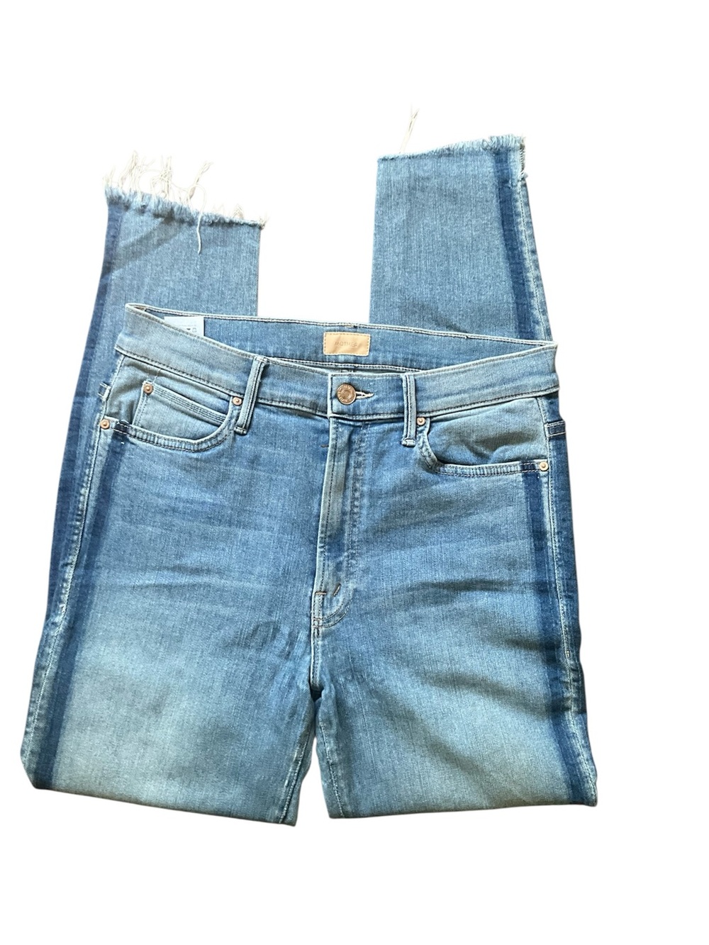 MOTHER Light Blue Stunner Zip Ankle Step  Fray Skinny Jeans